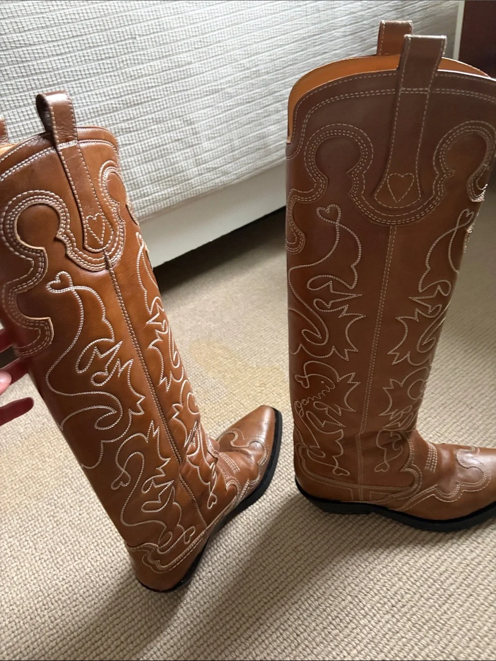 Ganni Tan Embroidered Leather Cowboy Boots